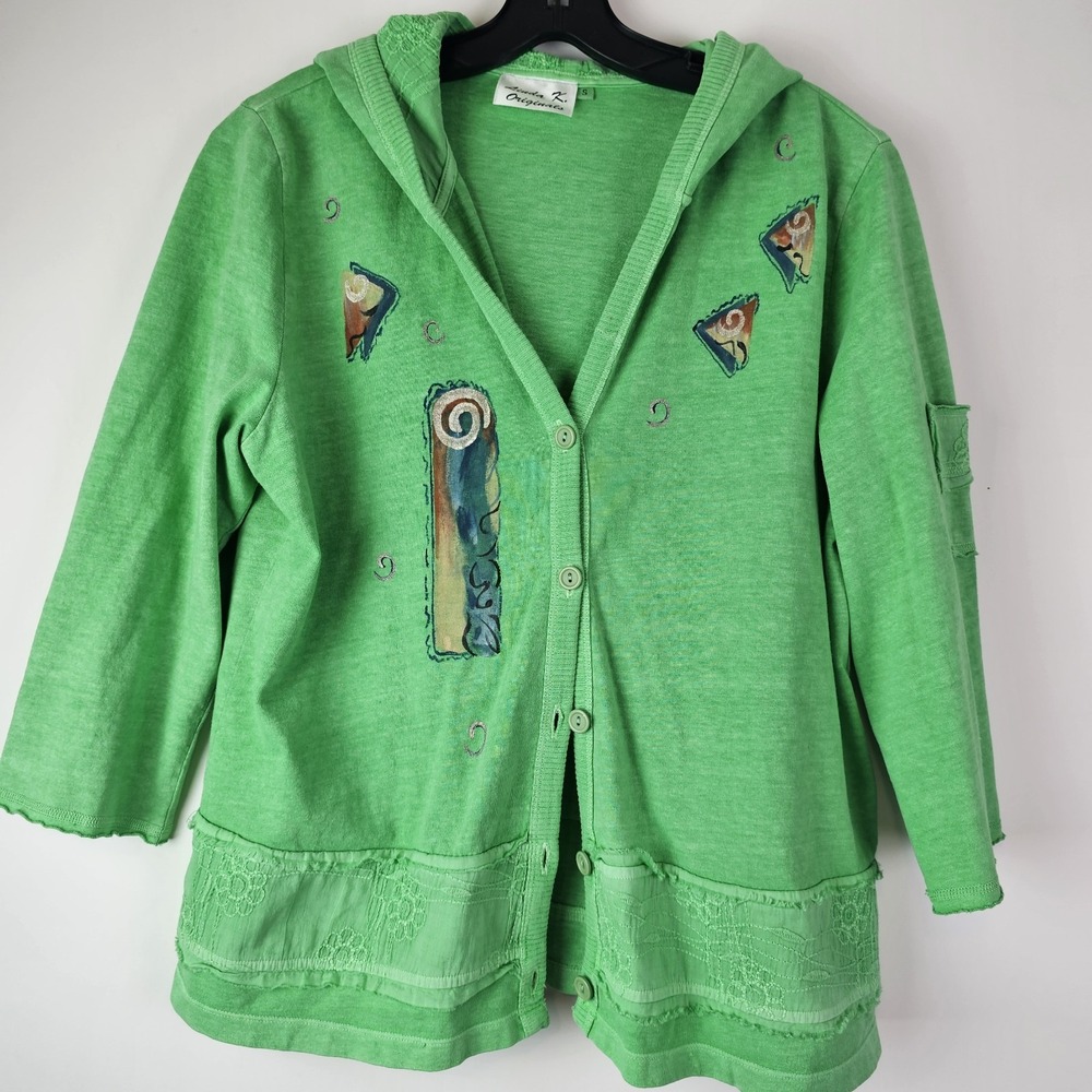 Linda K. Originals Sweatshirt Hoodie Small Womens Green Button LS Hand Painted